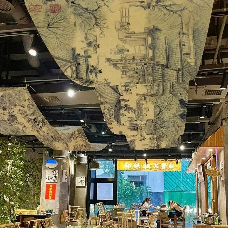 VIKAMA Vintage Oriental Scroll Wall Hanging Ancient Chinese Riverside Scene Print Fabric Ceiling Tapestry Restaurant Home Decor