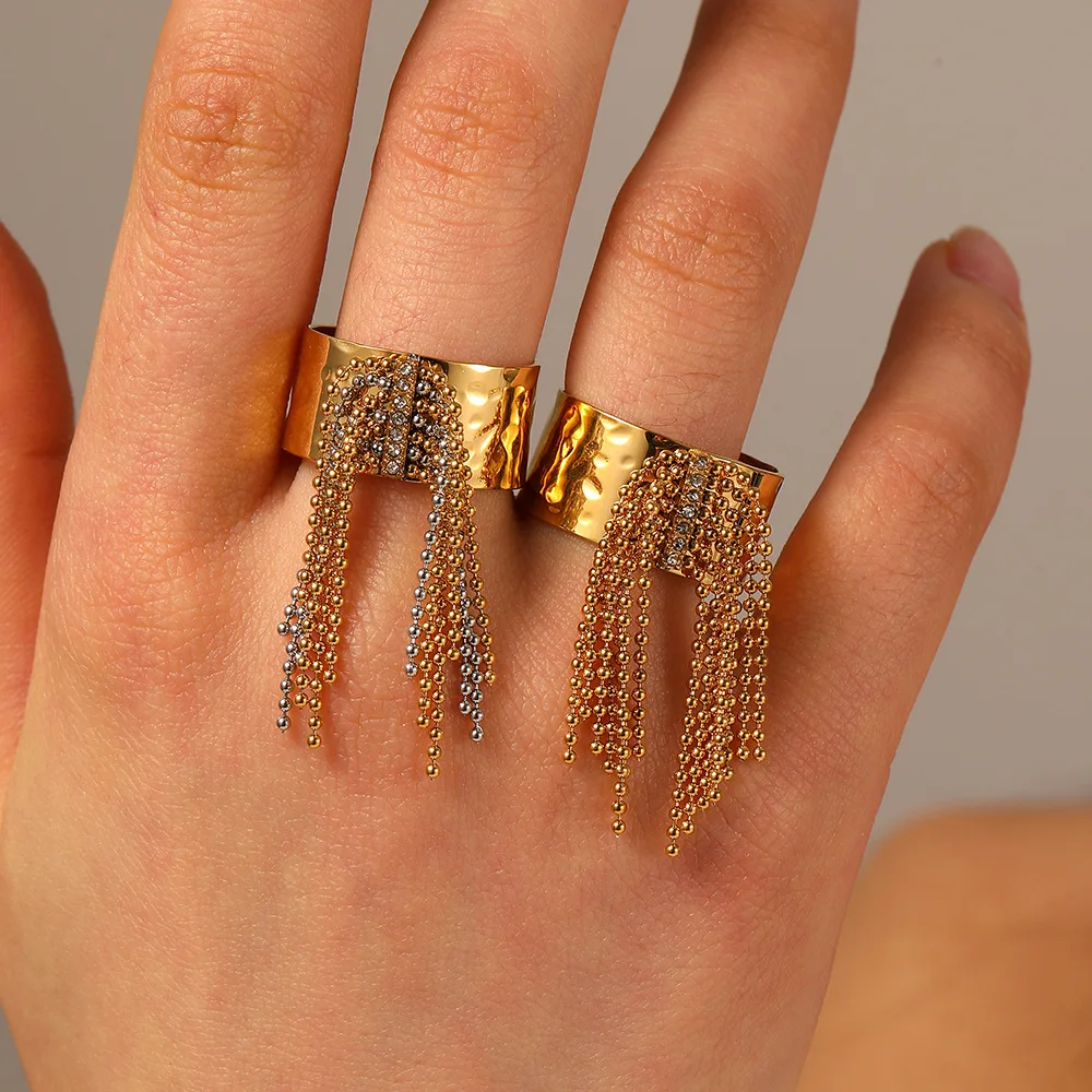 

Fashion Two Tone Circle Beads Tassel Open Wide Ring 18K PVD Gold Plated Stainless Steel Waterproof Anti Allergic Women Jewelry