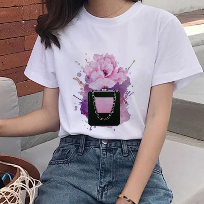 Crewneck T Shirt Flower Perfume Print Women's Large Size Short Sleeve T Shirt Fashion Leggings Elegant Girl  Aesthetic Clothes