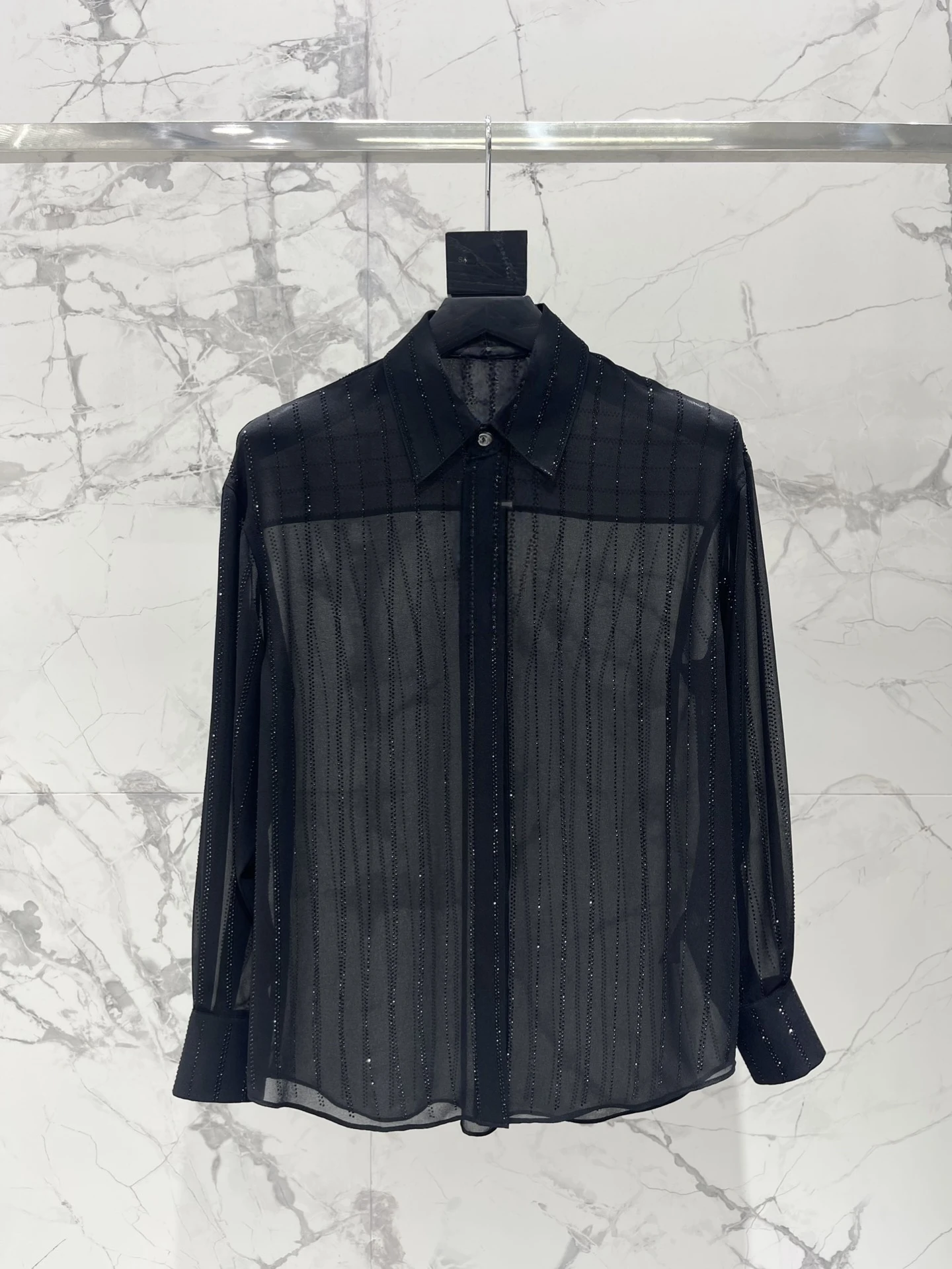 

Women's Long Sleeve Shirt Diamond Embellished Heavy Duty Black Soft Skin-Friendly Sexy Micro-Transparent Commute Style Polyes...