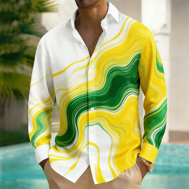 New men's Long Sleeved Shirt With Harajuku Style 3D Ink Printed Long Sleeved Color Block Pattern Top And Shirt