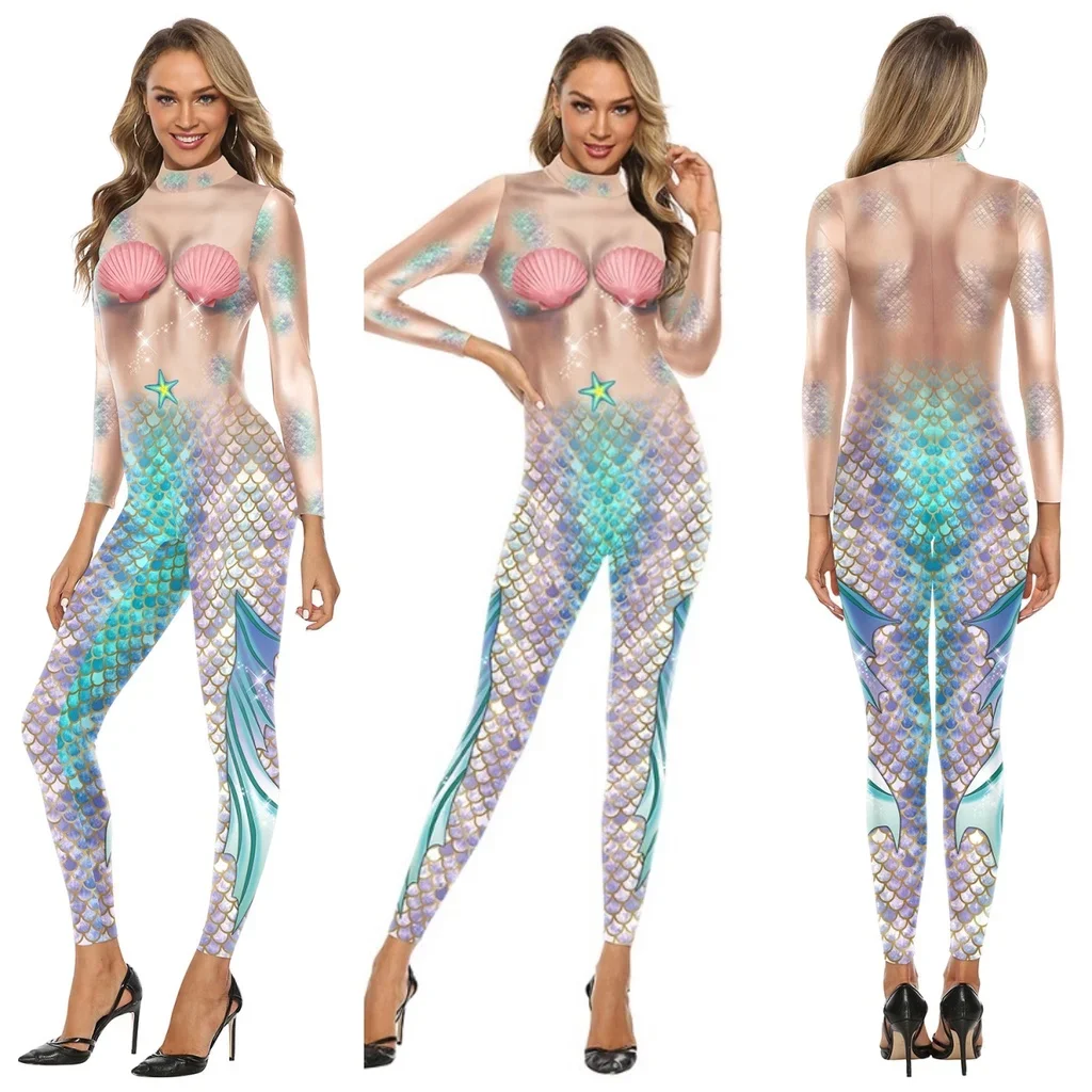 Women Mermaid Fish Scale Ocean Animals 3D Printed Jumpsuit Halloween Cosplay Costume Slim Suit