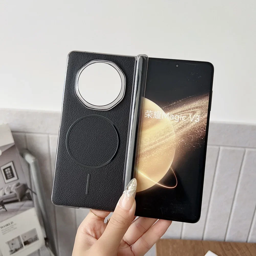 Роскошный деловой чехол для телефона с магнитным кольцом для Honor Magic V3 V5, галькированная кожа, самовосстанавливающийся шарнир с тонкой защитной крышкой для камеры
