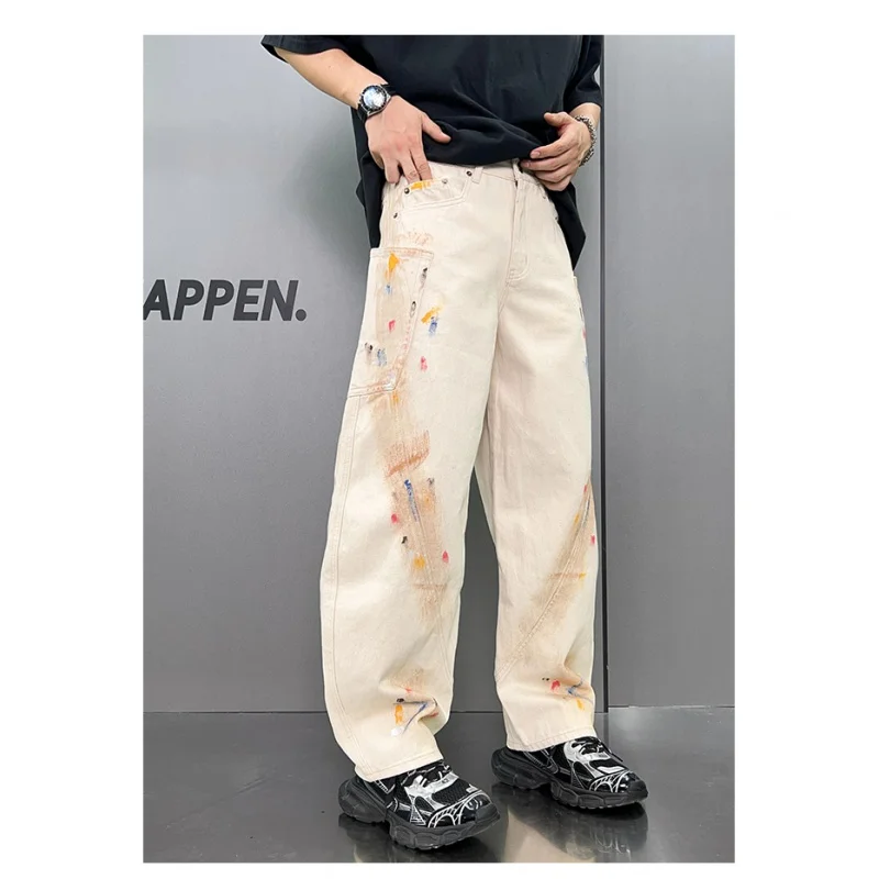 Washed Dyed Hand-Painted Jeans Men's Street Trend American Style Loose Straight Wide Leg Hip Hop Mop Trousers