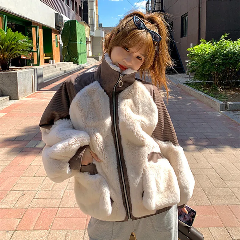 

2023 Rex Rabbit Fur Women's Winter Coats Korean Casual Loose Contrast Color Stitching Zipper Puff Sleeve Double Sided Real Fur J