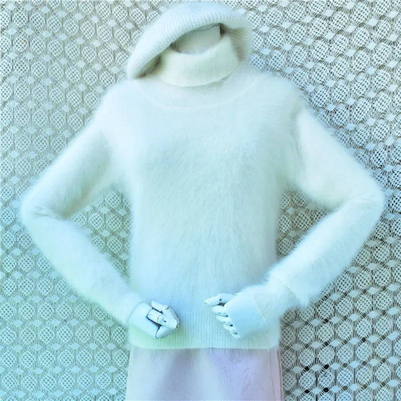 Women Hairy Soft White Hairy Mink Cashmere Knitted Turtleneck Long Sleeves Autumn Winter Angora Fur Sweater Jumper Pull Tops