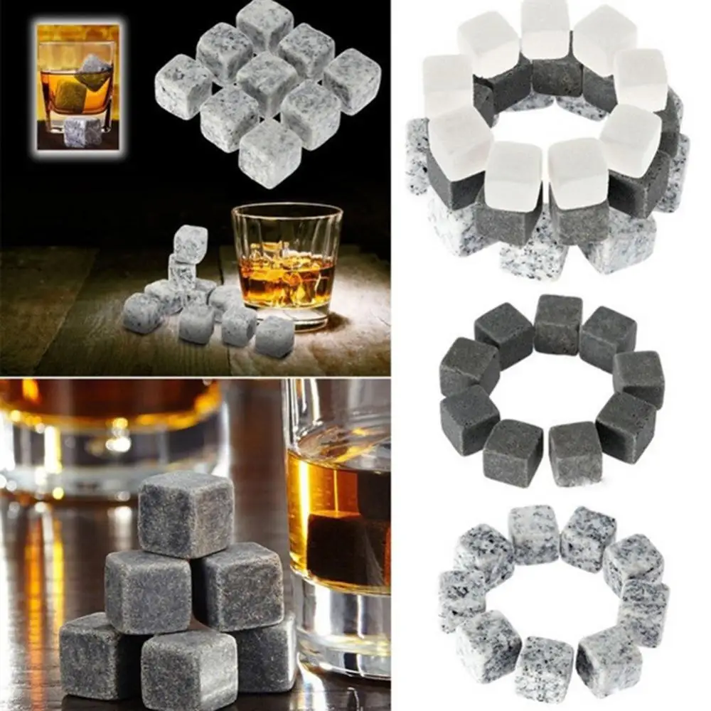 6/9Pcs Granite Ice Cube Stone Reusable Cooling Ice Cubes Whiskey Stones Granite Whiskey Rocks Bar Party Wine Chilling Stones