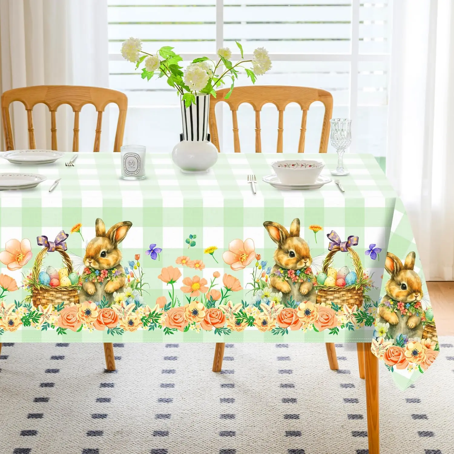 Spring Easter Flowers Bunny Eggs Buffalo Plaid Tablecloth Wedding Party Decor Reusable Waterproof Table Cloth Dining Table Decor