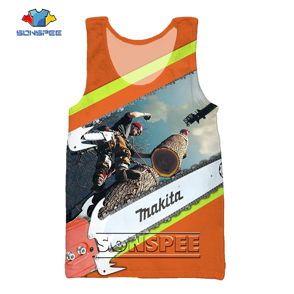 

SONSPEE Summer Chainsaw Tool Graphic 3D Print Sleeveless Beach Vest Men Women Worker Lumbering Plus Size Kids Oversize Tank Tops