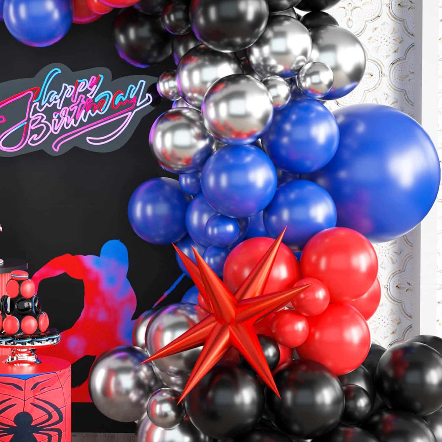 Balloon Spider-themed Birthday Party Decorations - 136pcs Black, Red, and Blue Arched Wreath Set