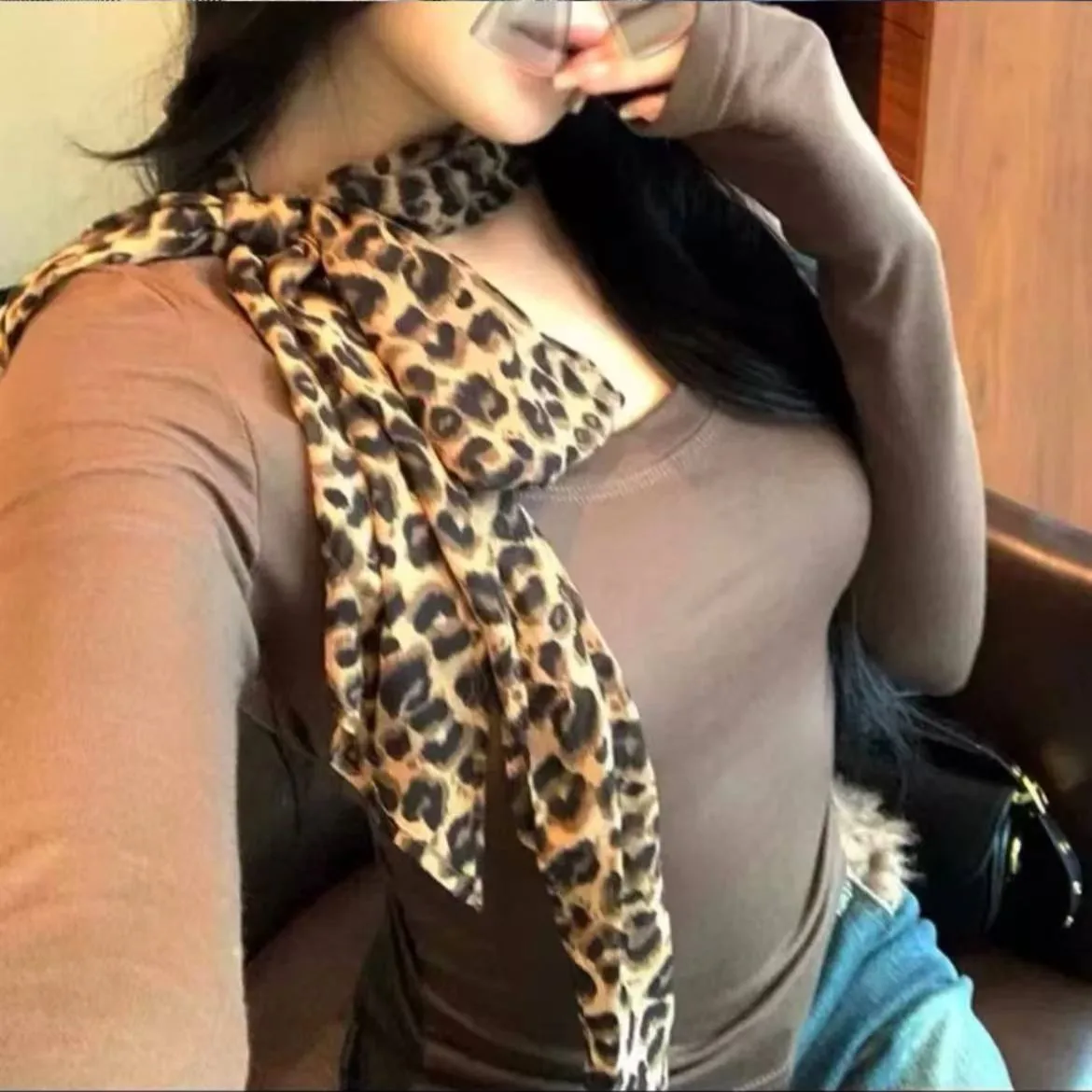 Leopard Small Long Silk Scarf Women Chiffon Strap Winter Warm Windproof Y2k Irregular Scarf Waste World Punk for Nightclub Party