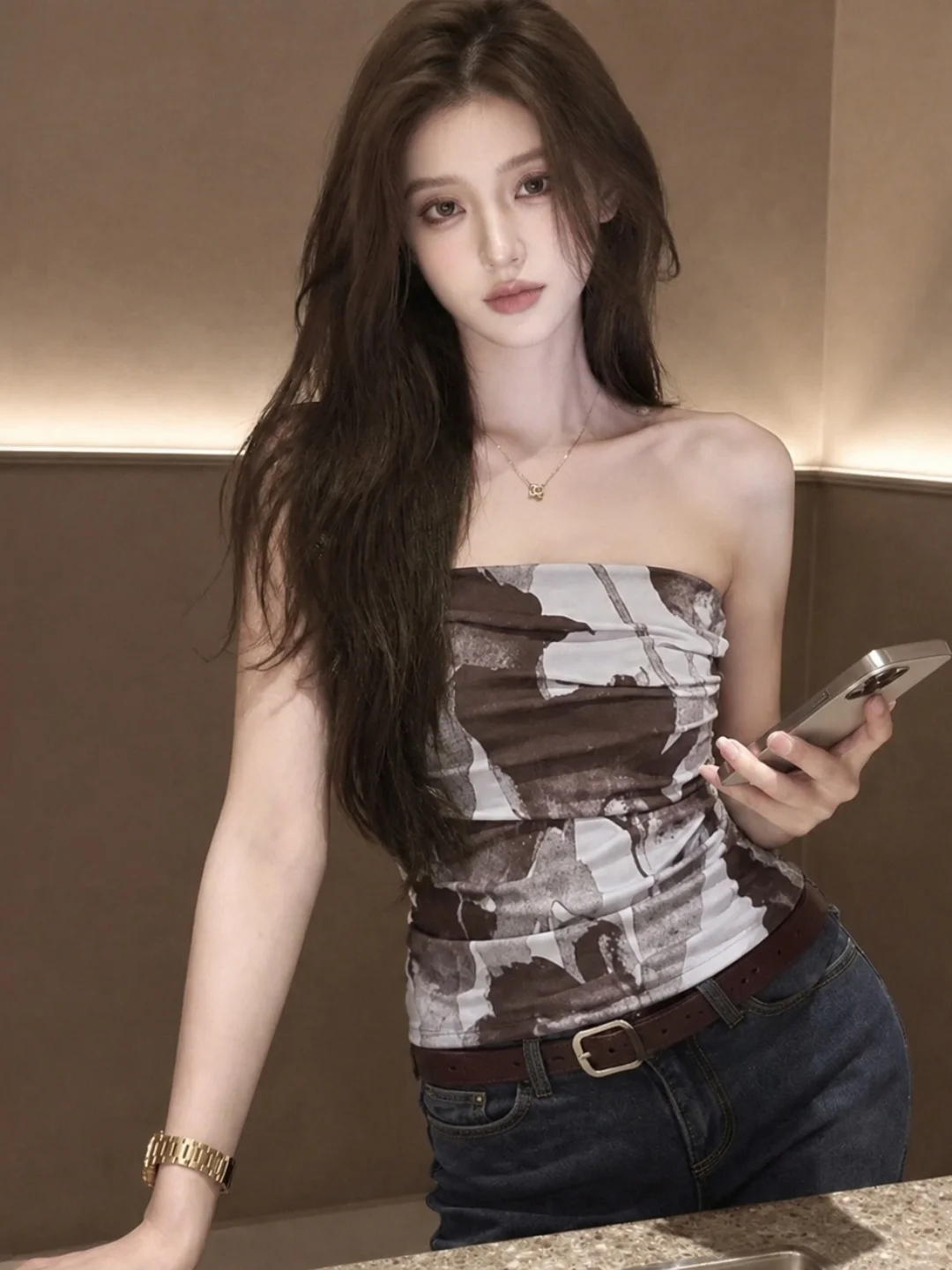 

Elegant Pure Desire Sexy Print Crop Top Slim Fit Summer Trendy Design Beautiful Small Shirt Women's plus Size Inner Wear