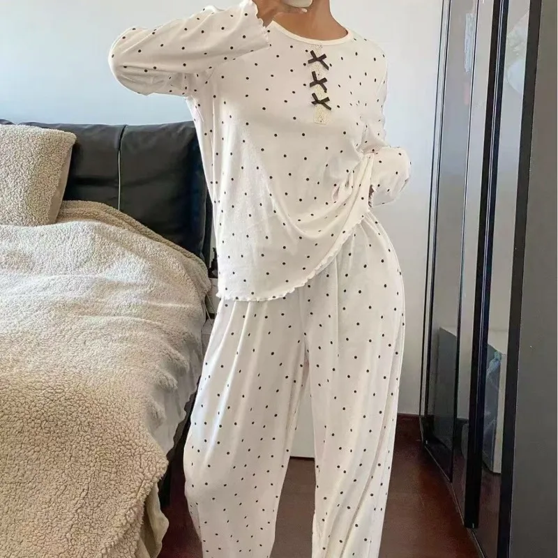 Women Winter Dot Print Long Sleeve Pajama Set Fashionable Sleepwear Loungewear Home Outfit