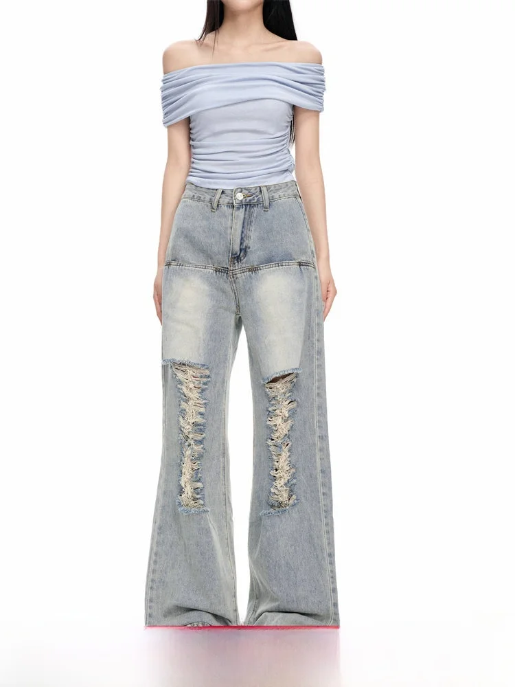 

Женский комплект из двух предметов: рваные джинсы-скинни Chill Zoe и прямые брюки из тонкого летнего синего денима, повседневные джинсы с высокой талией