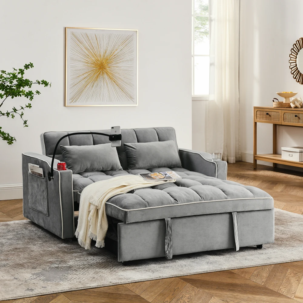 

55.51 Foldable Sofa Bed 3-length - Velvet, Adjustable Back, USB, Swivel Phone Stand (Grey)