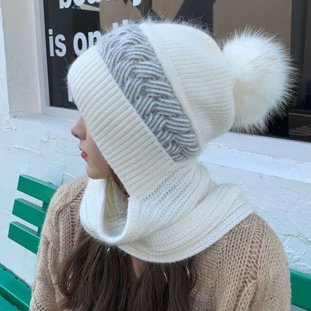 Korean Sweet 2-in-1 Hat Scarf Set Female Winter Warm Rabbit Hair Knitted Cap Cycling Ear Protection Padded Cold-proof Neck Cap