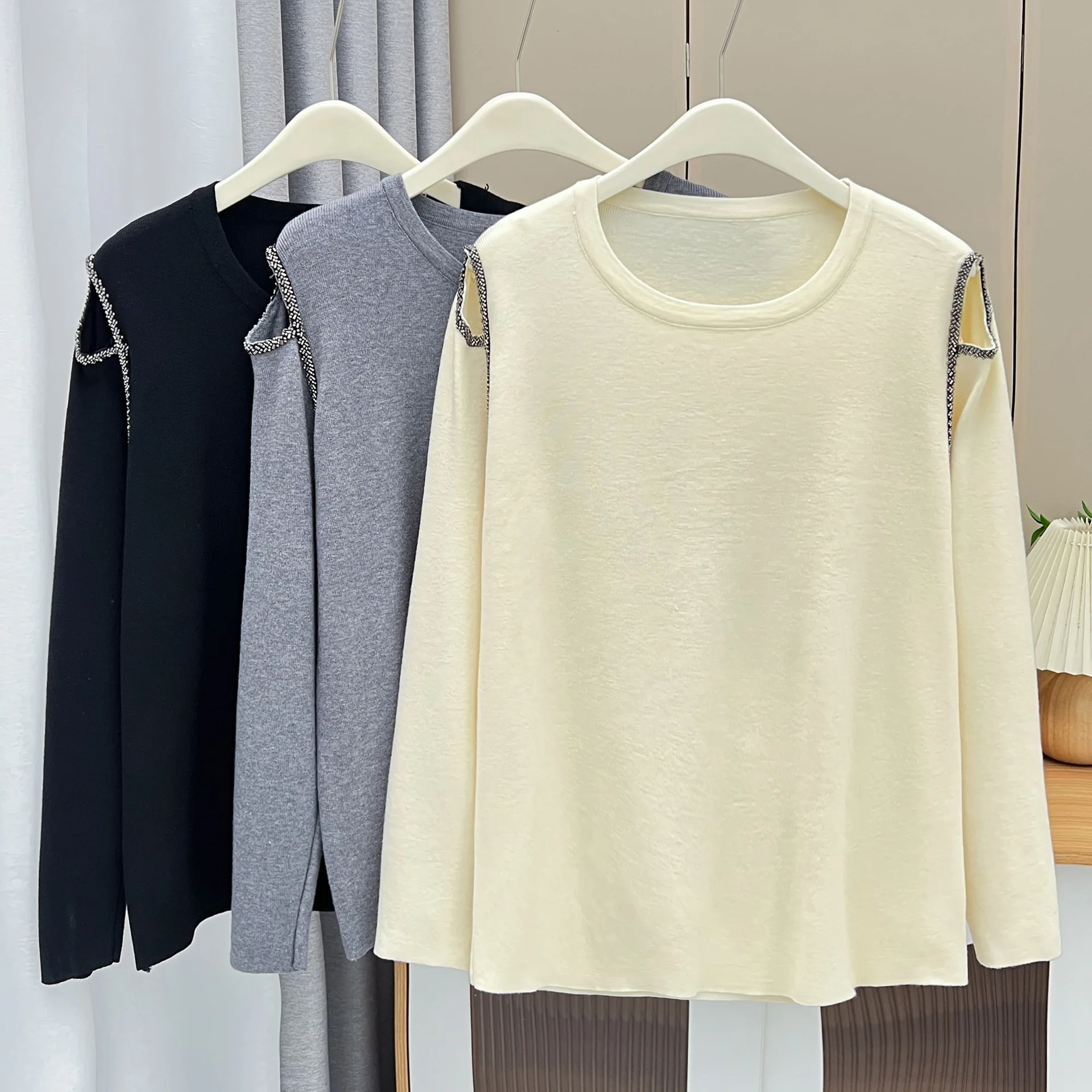 Spring Autumn 100KG Fashion off-shoulder Long Sleeve Knitwear Plus Size Women\'s Casual Basic O-Neck Pullover Sweaters 1481