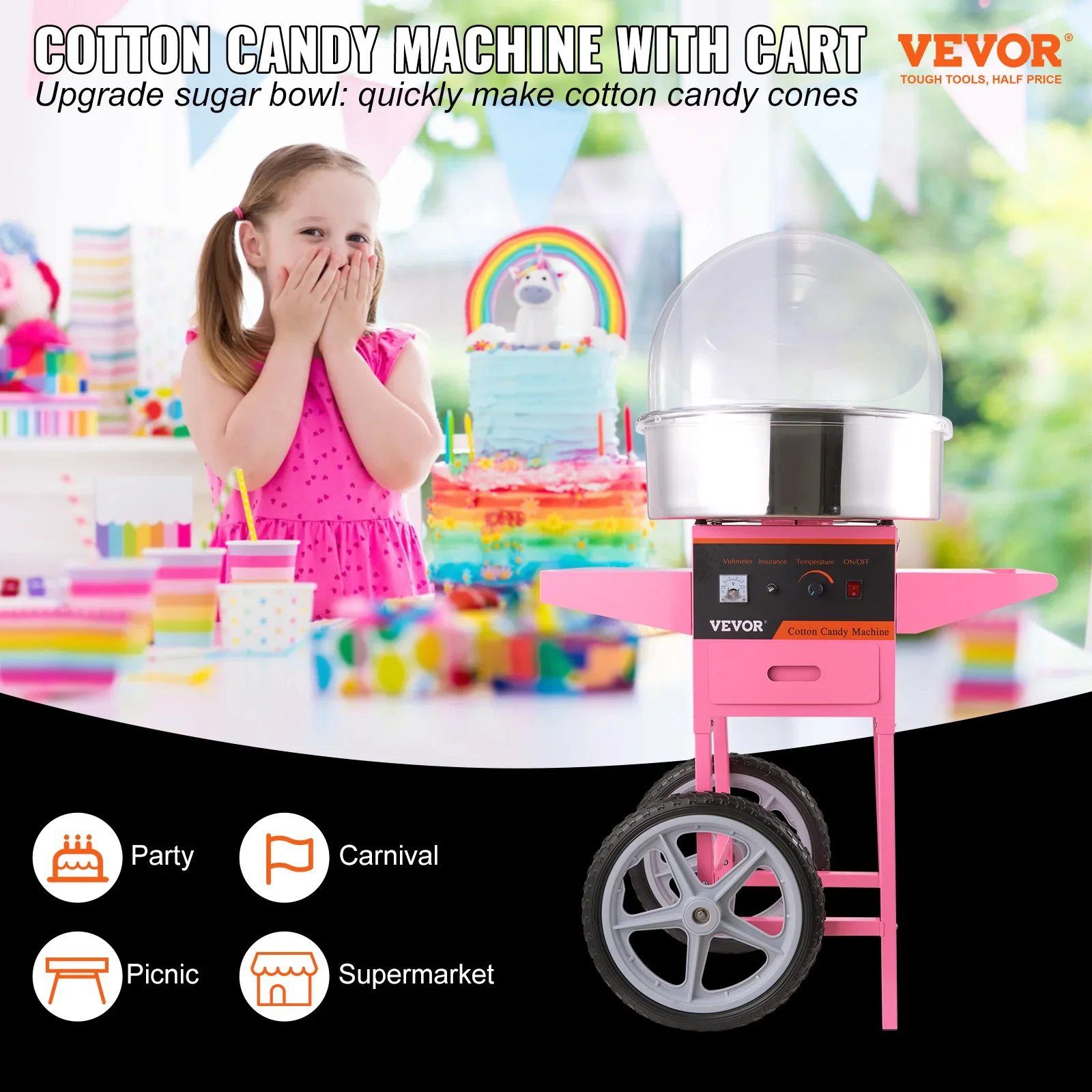 VEVOR Electric Cotton Candy Machine Cart w/Bubble Cover Shield, 1000W Commercial Floss Maker,for Home,Kids Birthday,Family Party