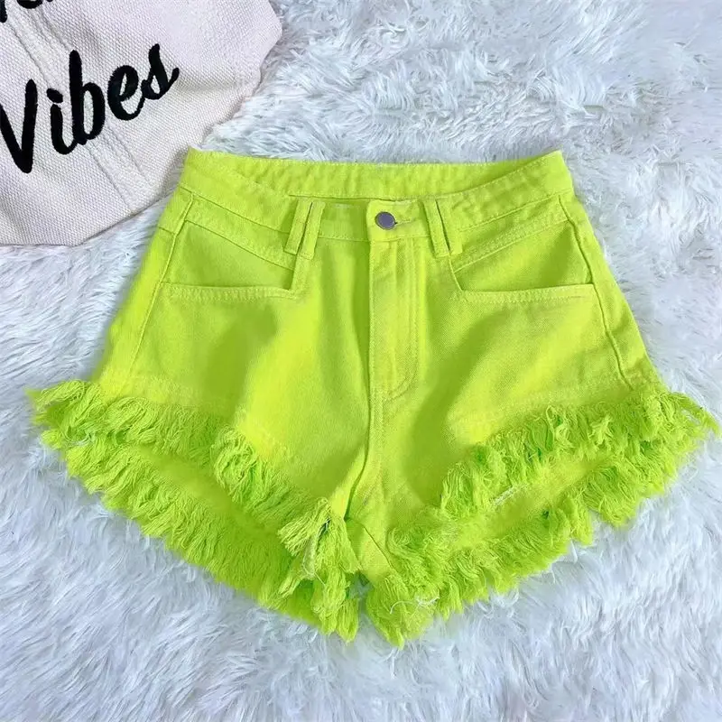 

Mid waist Korean casual fringed fringe spicy girl denim shorts hot pants summer ripped and stylish 2024 pink