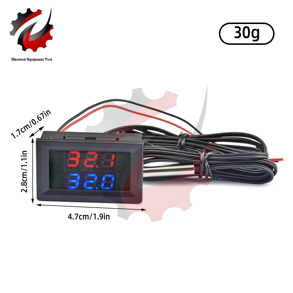 DC 4-28V LED Display Dual Red Blue Digital Temperature Sensor Thermometer Temp Tester Gauge With 1M NTC Dual Probe Cable