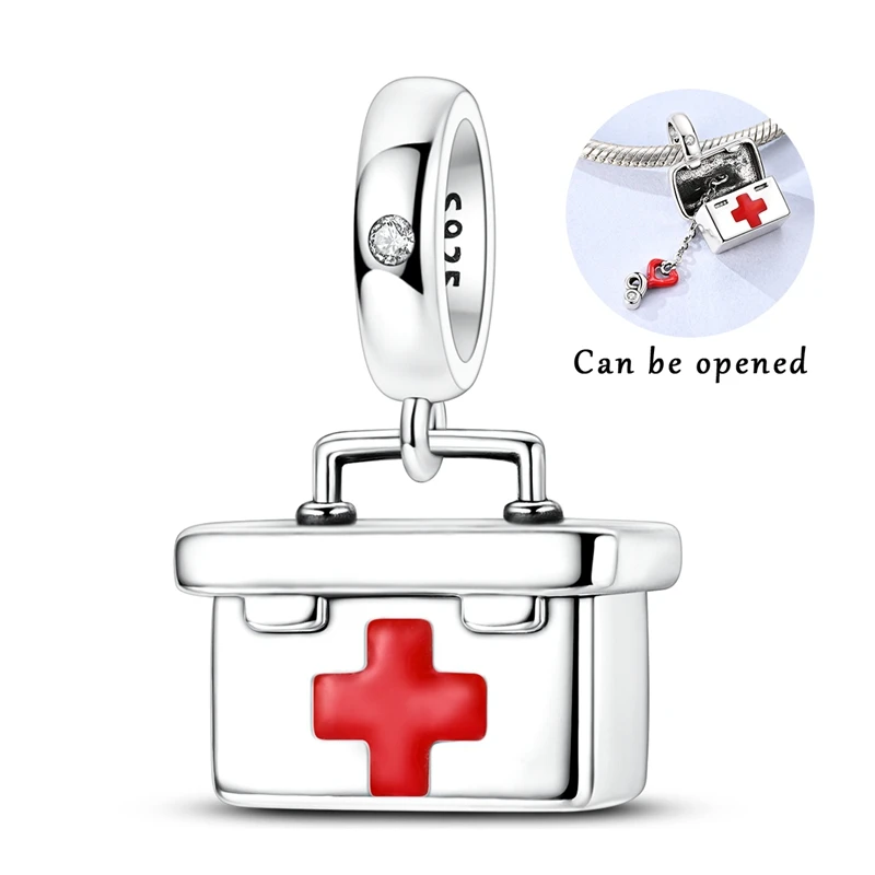 925 Sterling Silver Openable First Aid Kit Dangle Charm Bead Red Cross Enamel Clear CZ Pendant Fit Bracelet Women Jewelry Gift