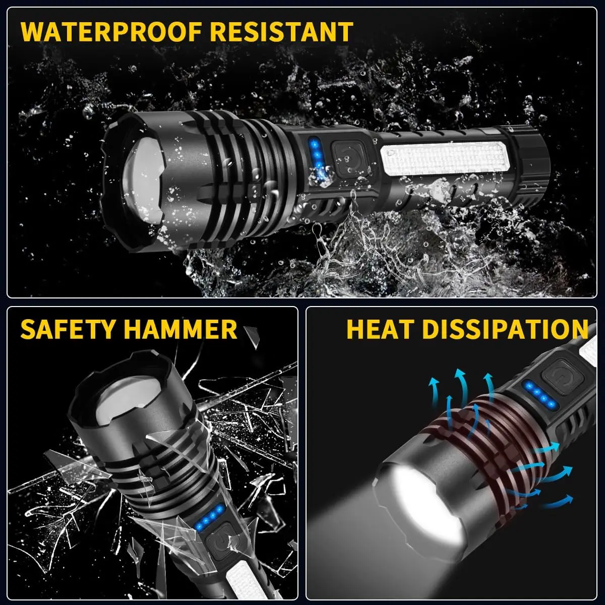 مصابيح كاشفة ذات لومن عالية قابلة لإعادة الشحن، 7 أوضاع، مصباح LED فائق السطوع للتخييم والطوارئ والاستخدام التكتيكي - 4 عبوات