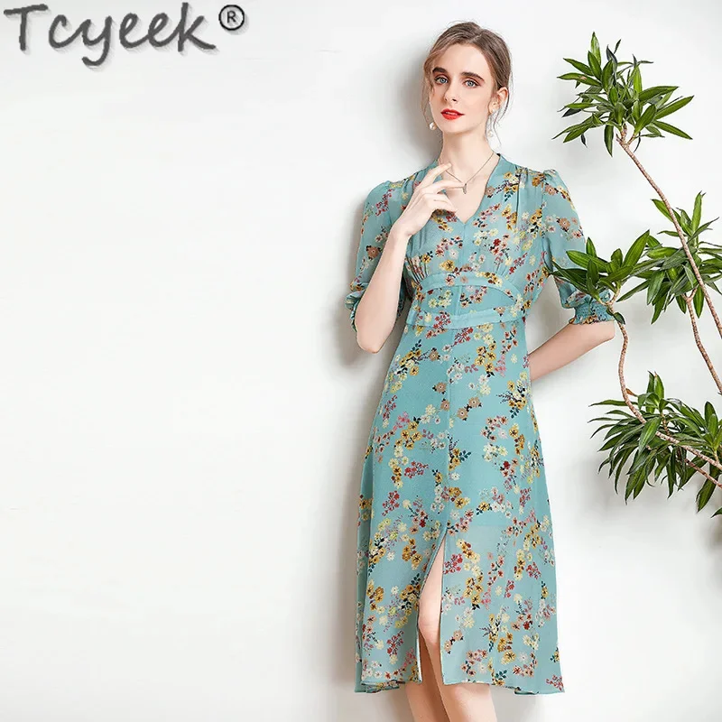 

100% Tcyeek Mulberry Silk Summer Women's Long Elegant es for Women 2024 High Waist Split Dress Printing