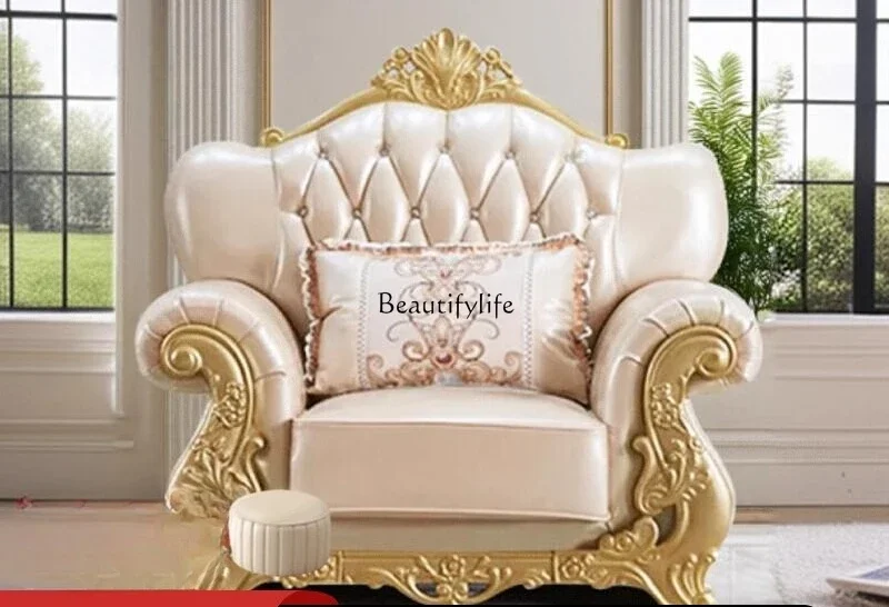 

46European leather sofa first layer cowhide American light luxury solid wood double armrest single seat