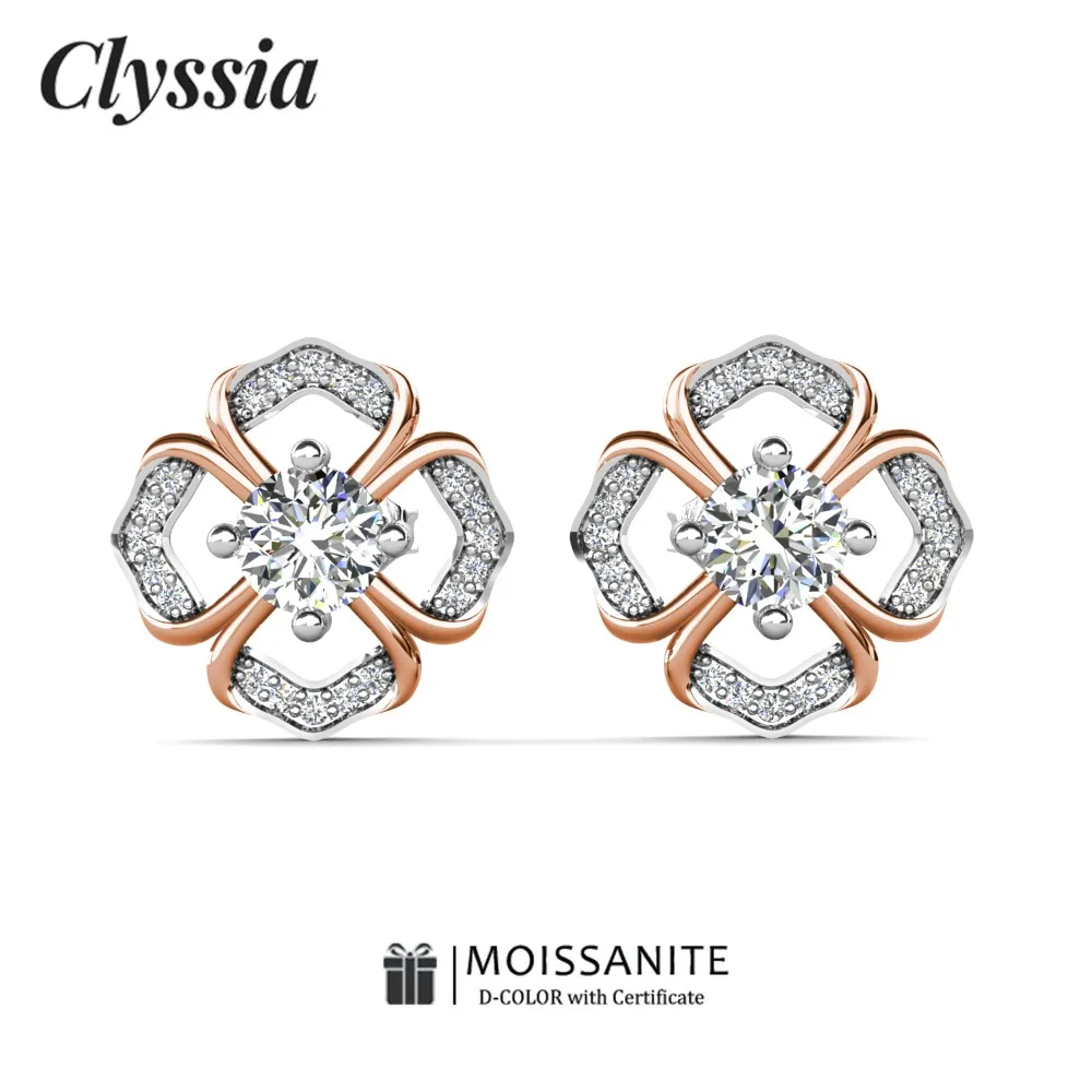 

CLYSSIA 925 Sterling Silver Bi Color Moissanite Stud Earrings 18K White Gold Plated Fine Jewelry Party Gifts for Women Gifts