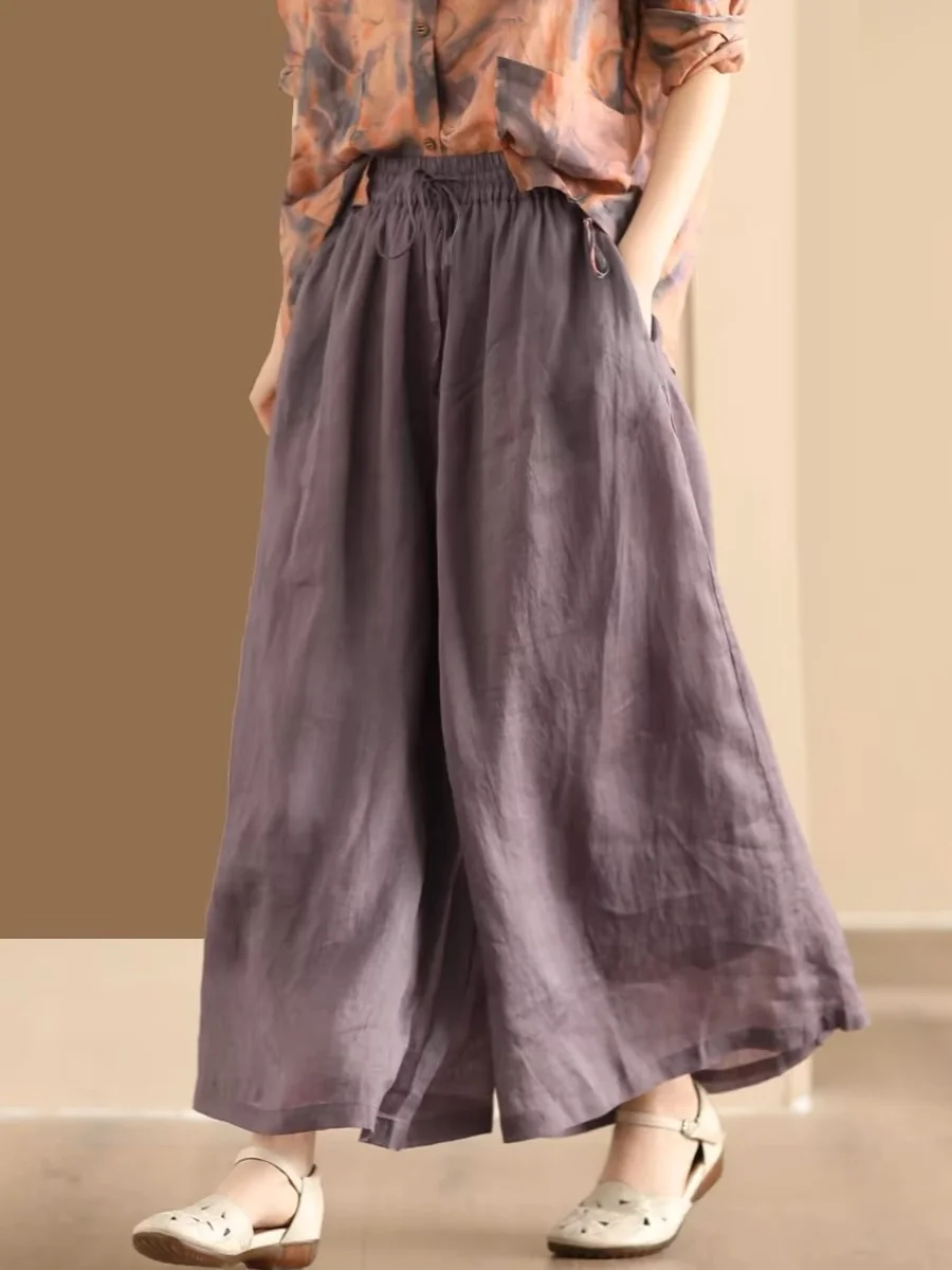 Retro Cotton Linen Wide Leg Pants Women Loose Double Layer Inner Casual Pants Elastic Waist Skirt Pants Long Pants