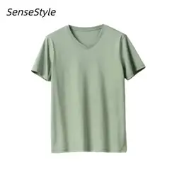 Summer Men Mulberry Silk Mercerized Cotton T Shirt V-neck Loose Short Sleeve Basic T-shirts 7%Silk