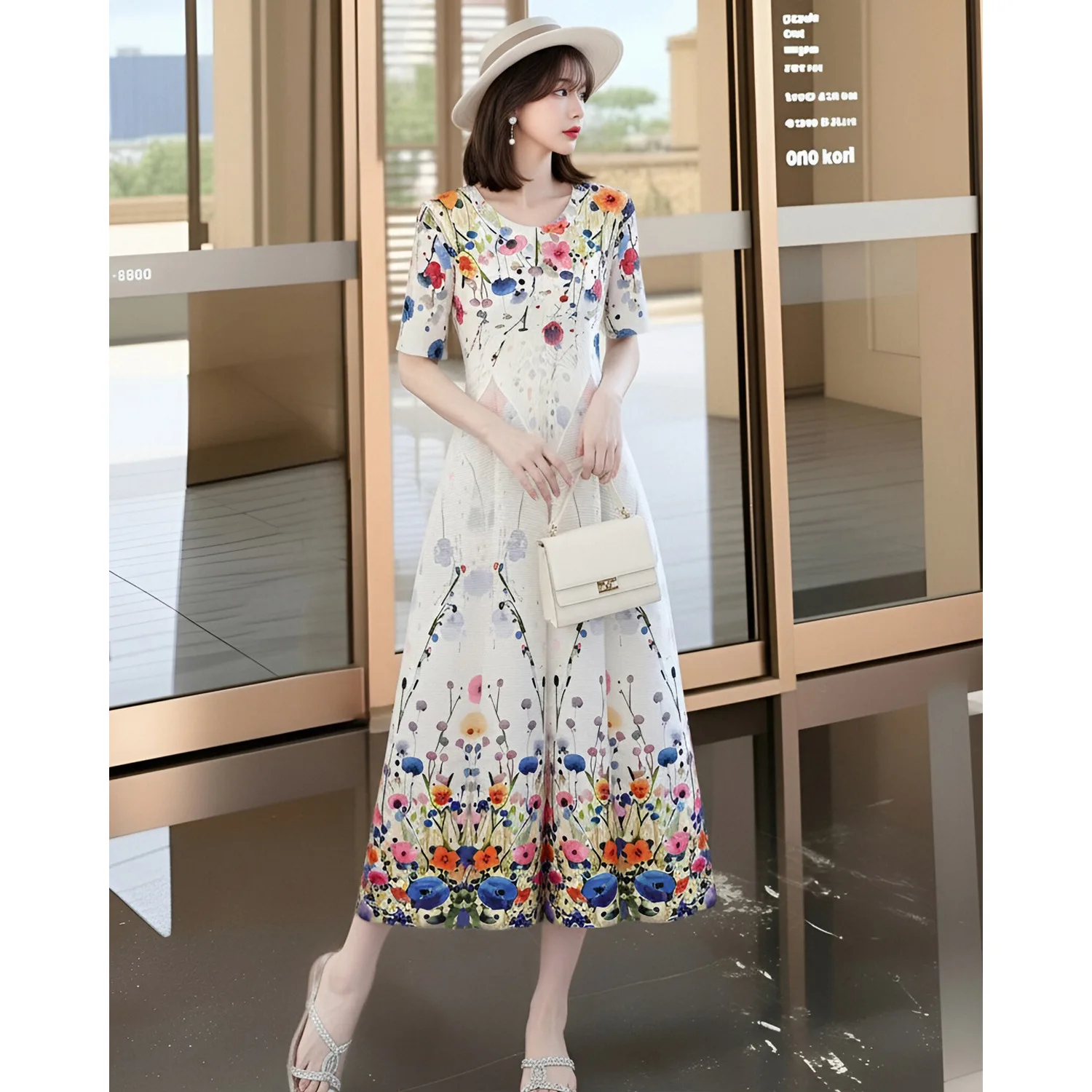 Elegant short-sleeved dress for women, new spring/summer style, beach vacation look, Miyake high-end pleated stretch skirt.