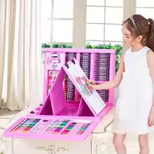 Open art case showing pencils, markers, and pastels organized in compartments