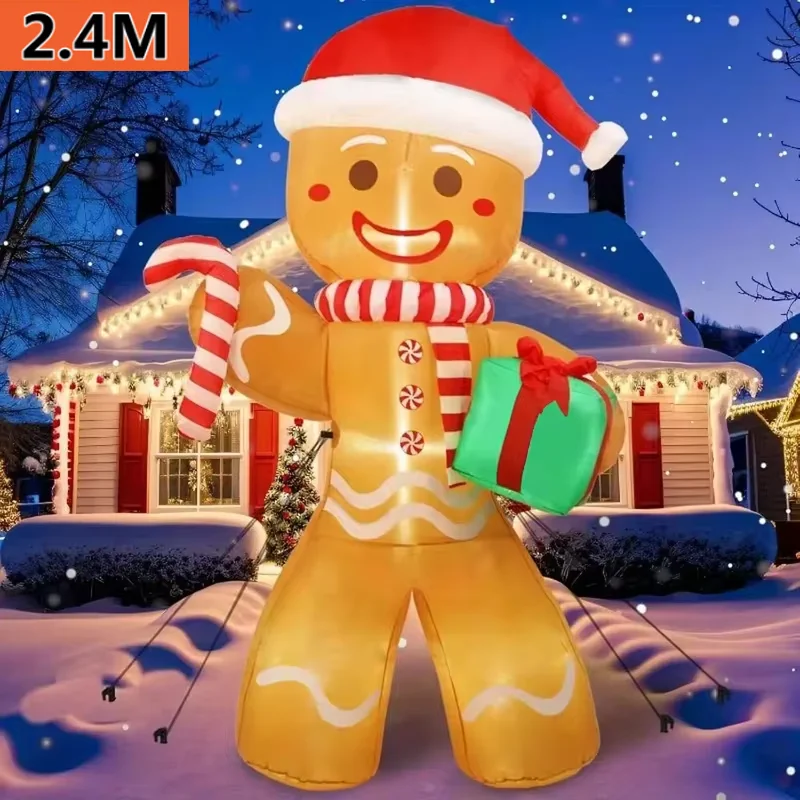 New 2.4M Christmas Inflatables Gingerbread Man Giant Outdoor Decorations Xmas Inflatable Yard Decorations with LED Lights Lawn