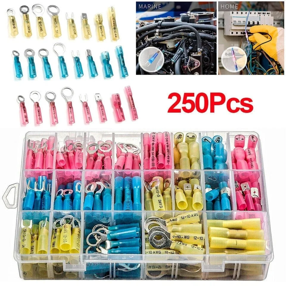 

250PCS 22-10AWG 0.5-6.0mm² Heat Shrink Butt Ring Fork Spade Male & Female Electrical Wire Crimp Terminals Connectors Kit