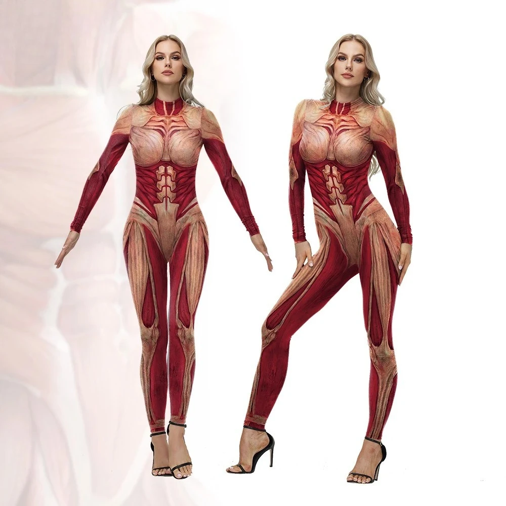 

Anatomical Print Form-Fitting Cosplay Bodysuit - Red & Muscle Pattern Design, Unisex Costume for Themed Events & Cosplay
