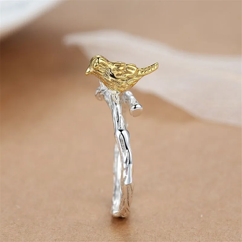 New Arrival Pure 925 Sterling Silver Tree Branch Golden Birds Open Rings For Women Female Anti-Allergy XR050