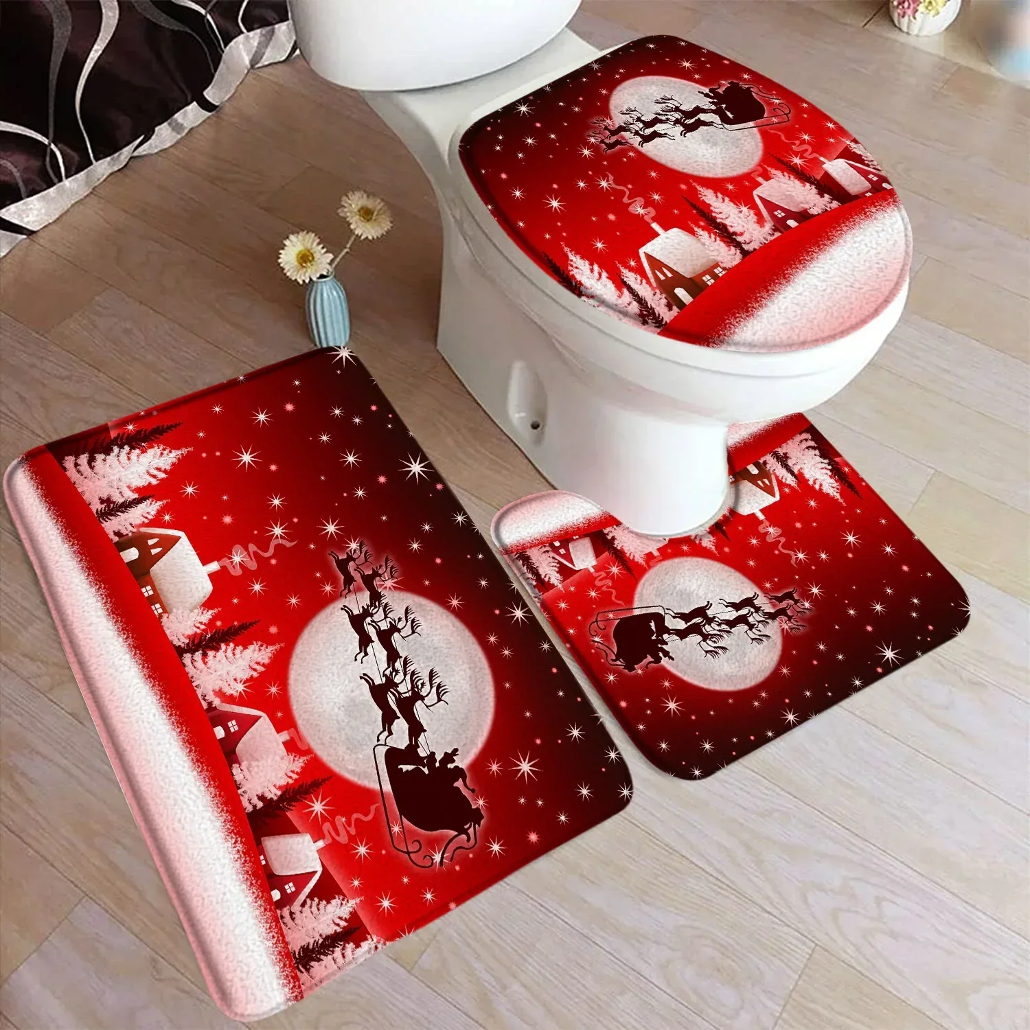 Red Christmas Bath Mat Set Santa Claus Reindeer Stars Winter New Year Xmas Home Carpet Bathroom Decor Floor Rug Toilet Lid Cover