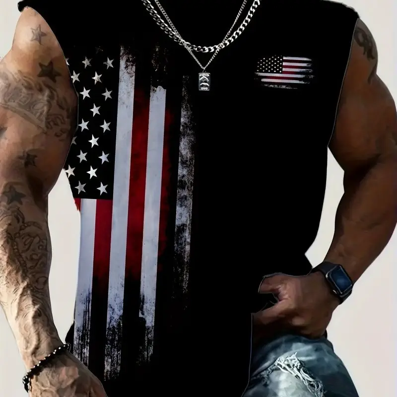 Men's sleeveless vest sports fitness personality pattern European and American  printing summer casual round neck vest flag top