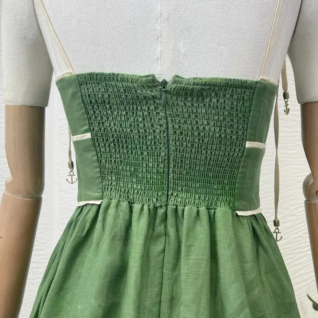 Elastic Shirred Back Top Quality 2024 New Green Pure Linen Sleeveless Pleats Lace-up Women Midi Dress