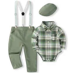 Baby Boy's Plaid Gentleman Tie Macacões, Bodysuit e Calças Infantil, Conjunto de Roupas Recém-nascidas, Roupas da moda, BC1463-1, 5 Pcs, Primavera, Outono