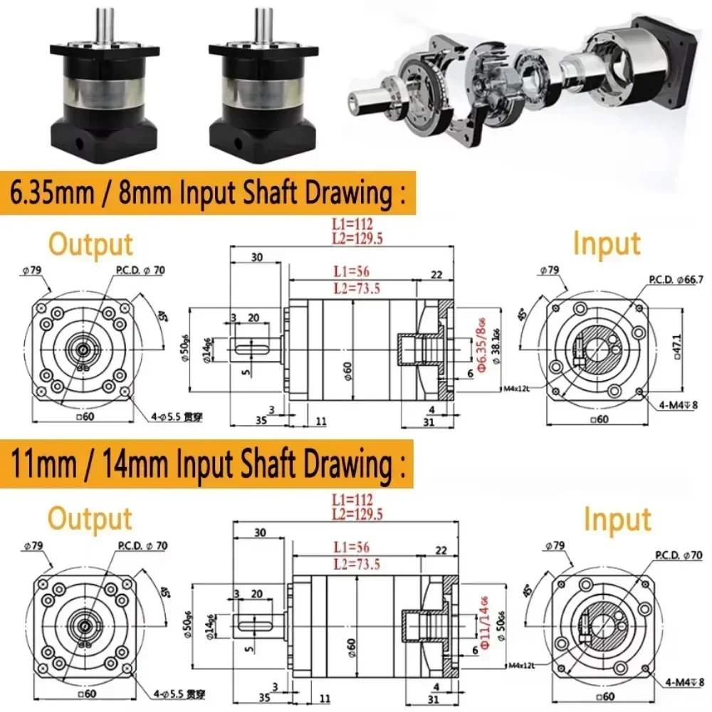 7Arcmin High Precision Planetary Reducer 6.35/8/11/14mm Input For Nema 23 57mm Nema34 86 Stepper 60mm 400W Servo Motor Gearbox