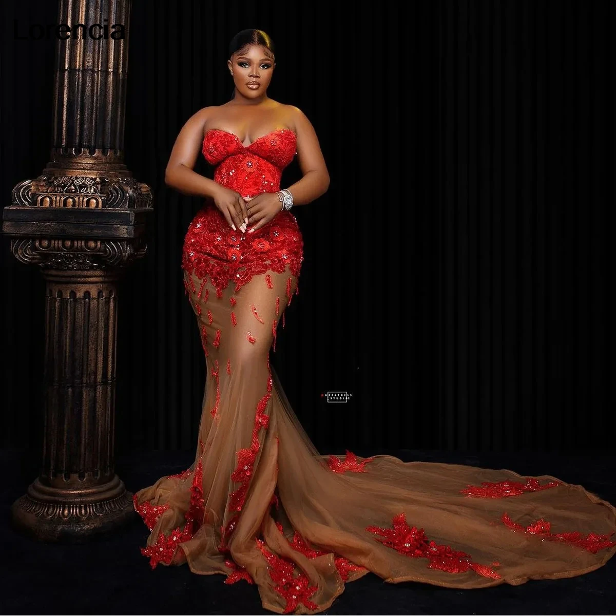 Lorencia Customized African Amazing Red Lace Mermaid Prom Dress 3D Floral Embroidered Aso Ebi Formal Party Dresses YPD216