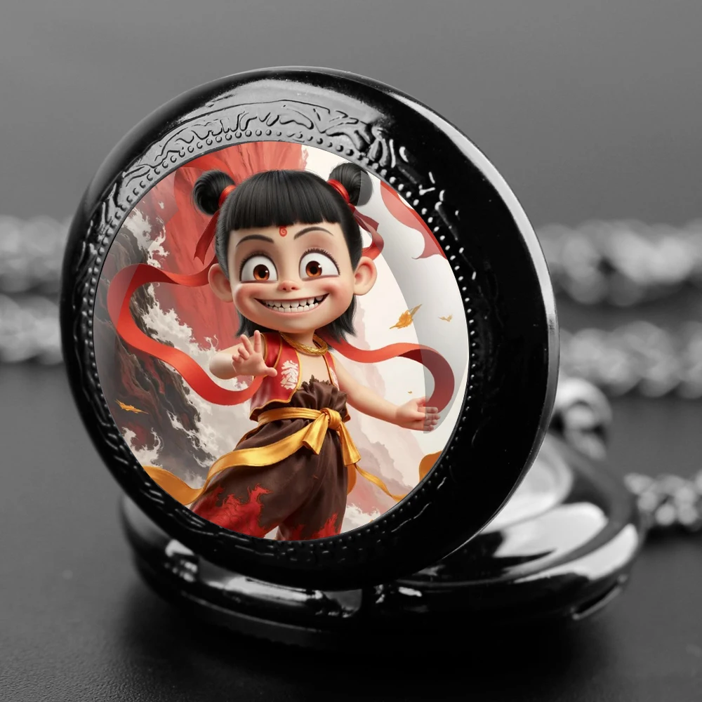 Nezha 2 jam tangan saku kubah kaca Anime Film baru dengan kalung rantai jam tangan liontin kuarsa antik hadiah Pria Wanita