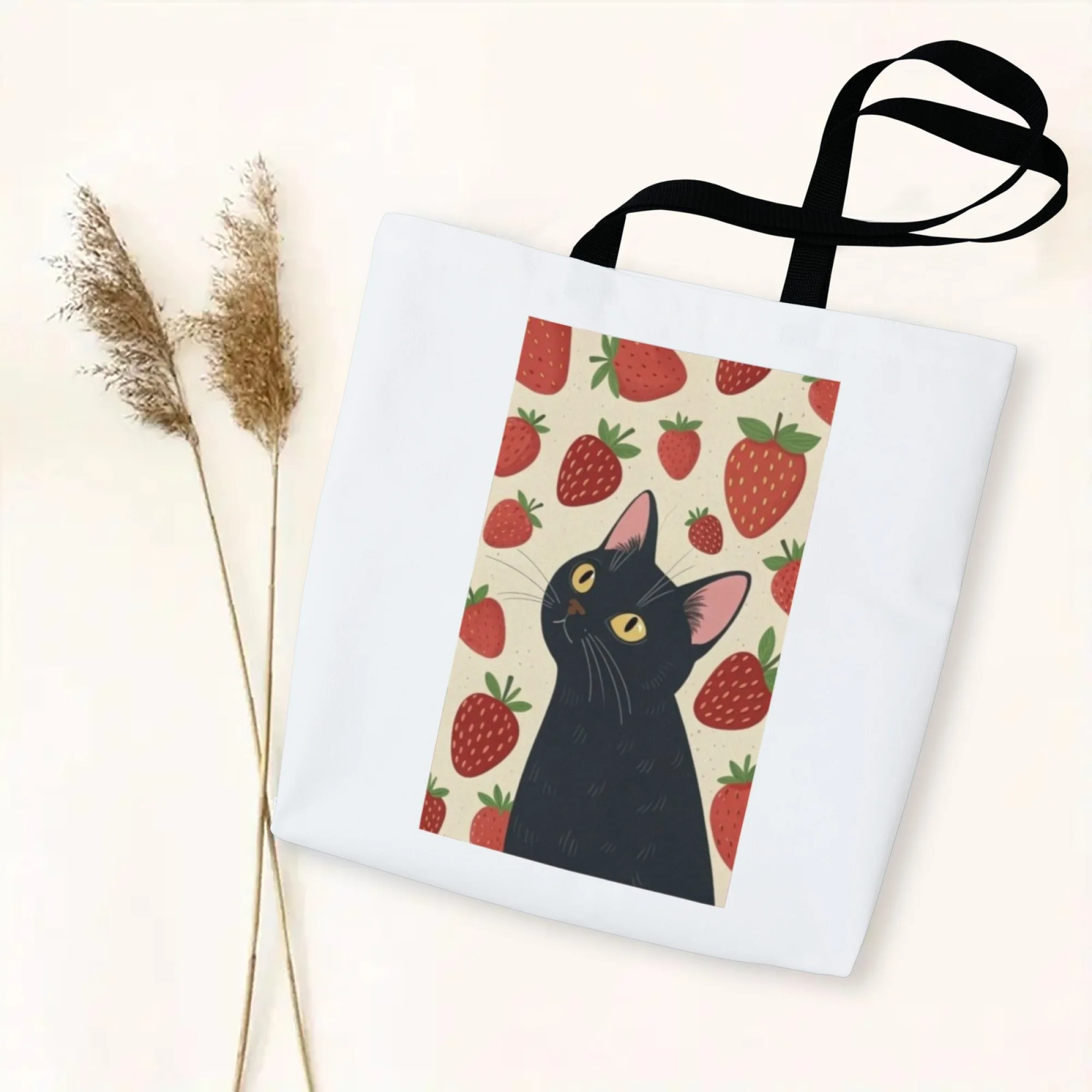 Sweet Cat Style Canvas Tote Bag Black Cat & Strawberry Design Shoulder Bag for Women Large Reusable Suitable for Daily Dating
