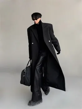 Mauroicardi Men's Extra-Long Double-Breasted Trench Coat 4 Mauroicardi Spring Autumn Extra Long Black Flowy Trench Coat Men Shoulder Pads Double Breasted Loose Casual Korean Fashion 2025 4