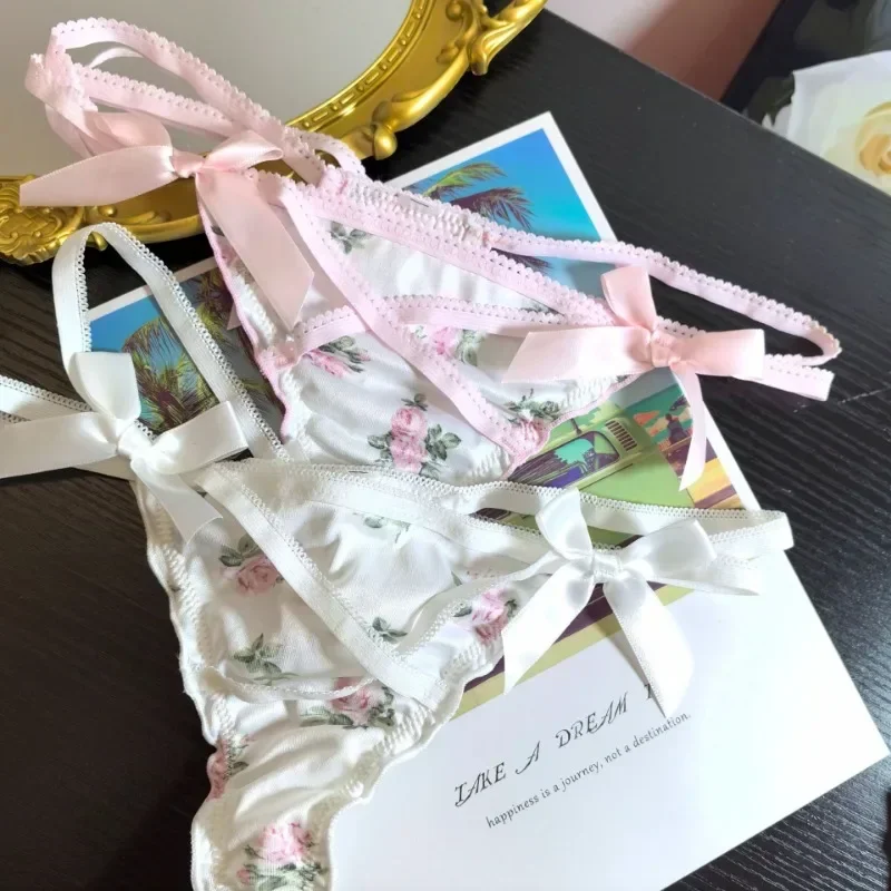 Babados adorável doce menina tanga briefs calcinha de cetim suave floral impresso t-back roupa interior arco cinta cruzada cuecas de cintura baixa