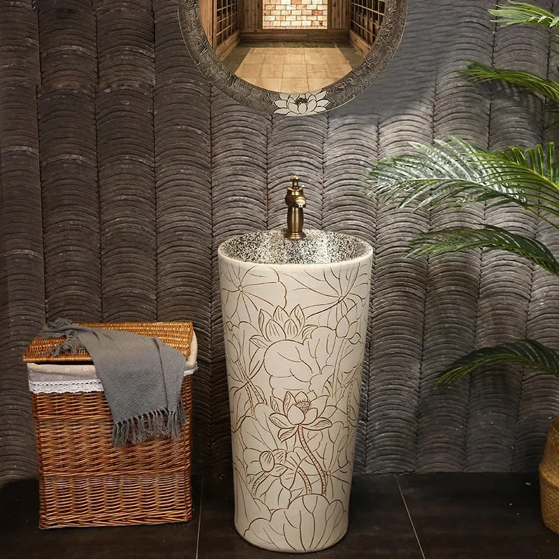 Lavabo à colonne sculpté Lavabo intégré du sol au plafond Balcon Lavabo à colonne en céramique Salle de bain