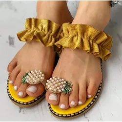 2024Anti Slip Slippers Pineapple Lace Beach Shoes8 Colors HOT Large Size Sandals Women Toe Sandals Water Drill Flat Bottom