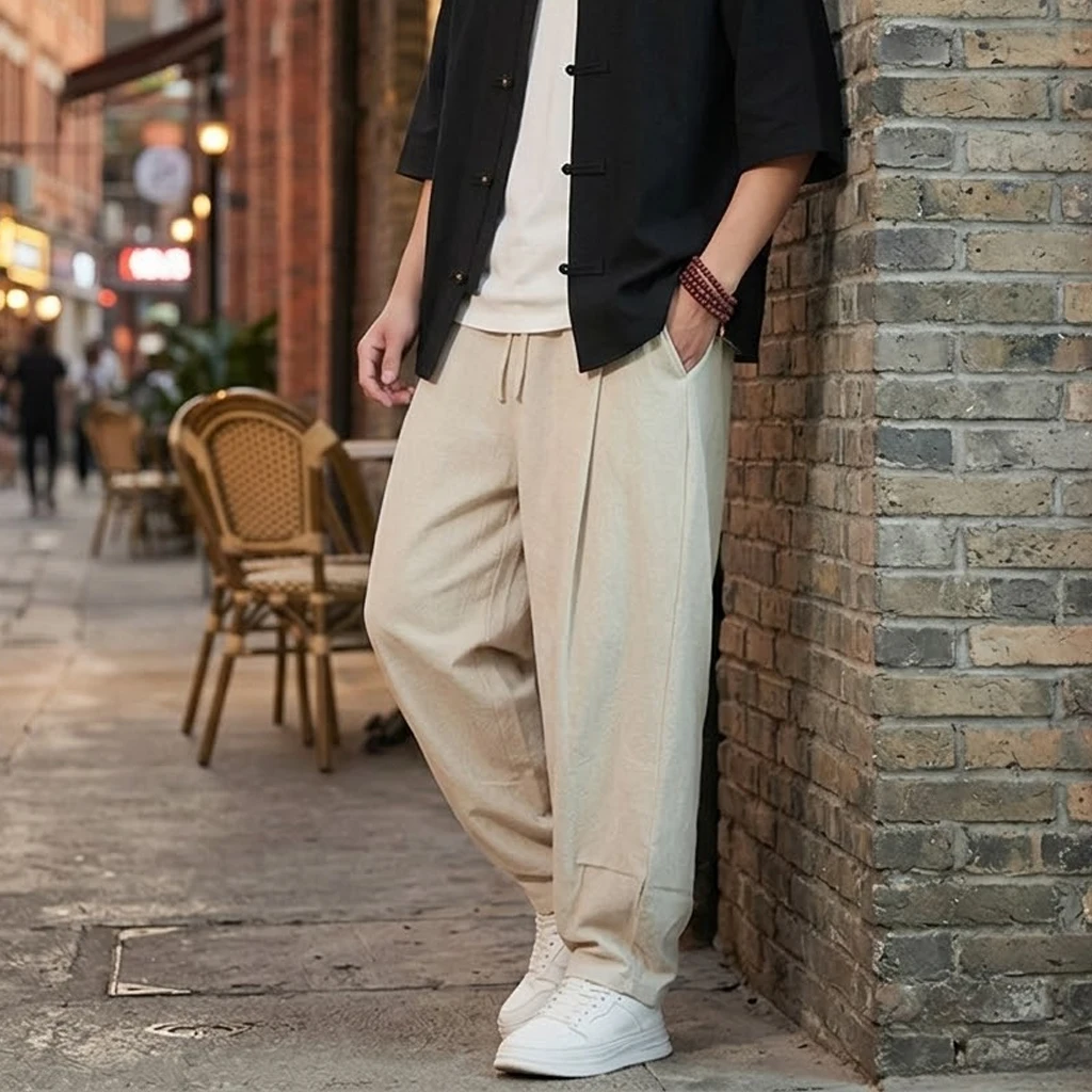 New Korea Cotton Linen Harem Pants Solid Baggy Pants Loose Large Jogger Sweatpants Breathable Casual Trousers Men's Work Pants